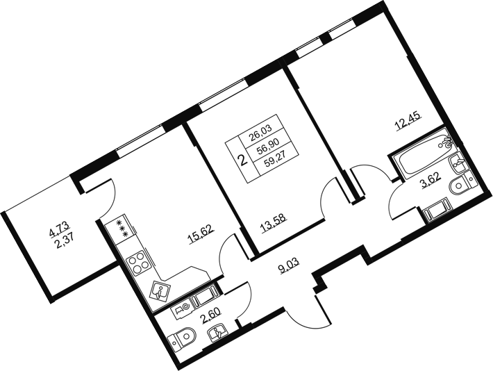 Планировка: 3Е-к.кв · 59,27 м²