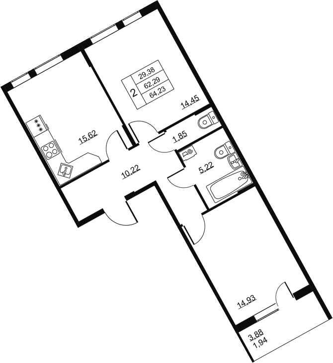 Планировка: 3Е-к.кв · 64,23 м²