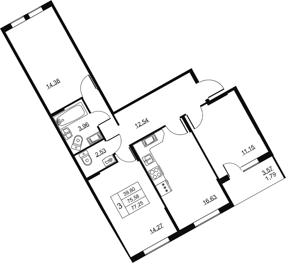 Планировка: 4Е-к.кв · 77,25 м²