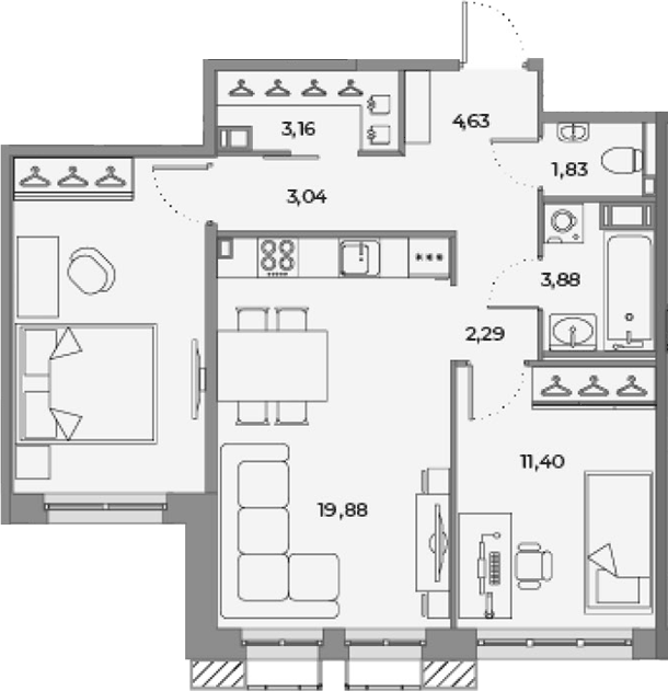 Планировка: 3Е-к.кв · 61,64 м²