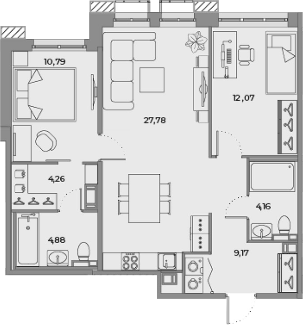 Планировка: 3Е-к.кв · 71,59 м²