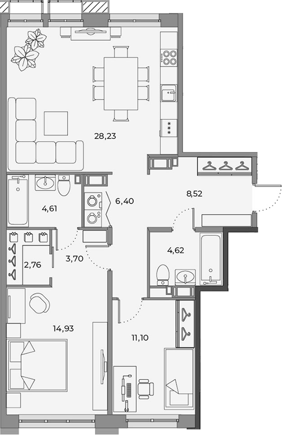 Планировка: 3Е-к.кв · 84,74 м²