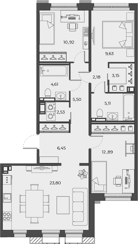 Планировка: 4Е-к.кв · 86,21 м²