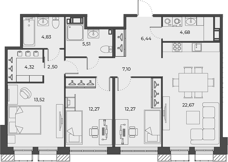Планировка: 4Е-к.кв · 97,89 м²
