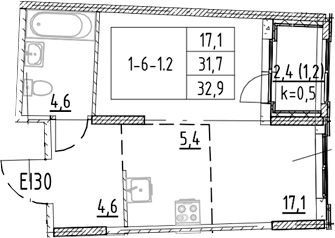 Планировка: 1 комната · 32,9 м²