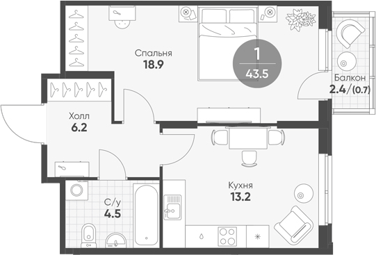 Планировка: 1 комната · 43,5 м²