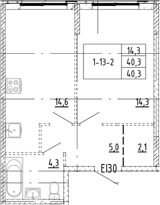 Планировка: 1 комната · 40,3 м²