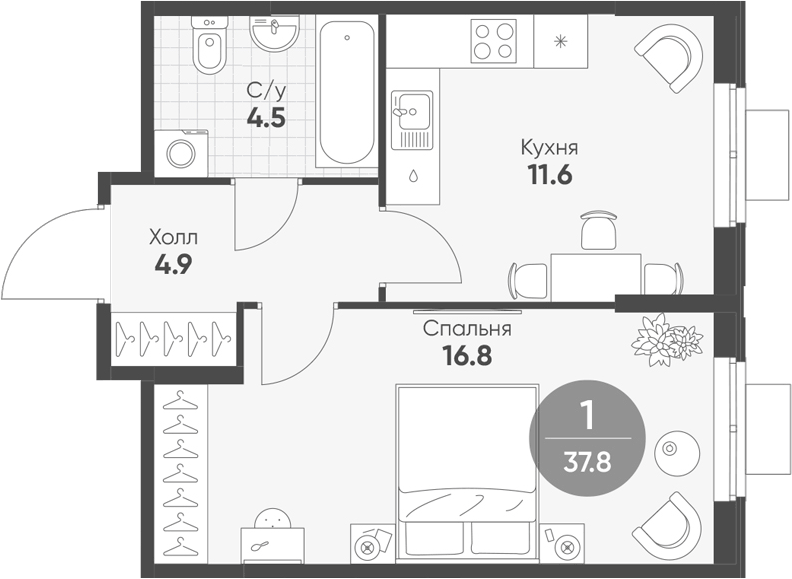 Планировка: 2Е-к.кв · 37,8 м²