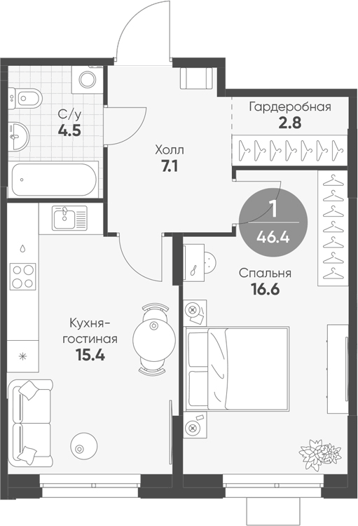 Планировка: 2Е-к.кв · 46,4 м²