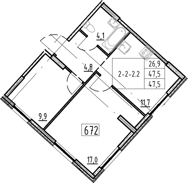 Планировка: 2 комнаты · 47,5 м²
