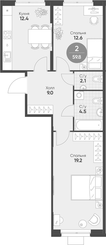 Планировка: 3Е-к.кв · 59,8 м²