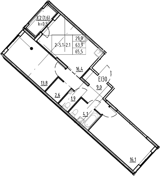 Планировка: 3Е-к.кв · 65,5 м²