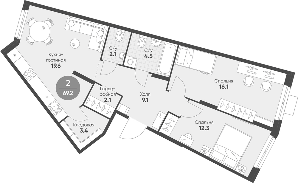 Планировка: 3Е-к.кв · 69,2 м²