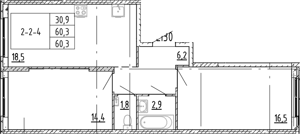 Планировка: 3Е-к.кв · 60,3 м²