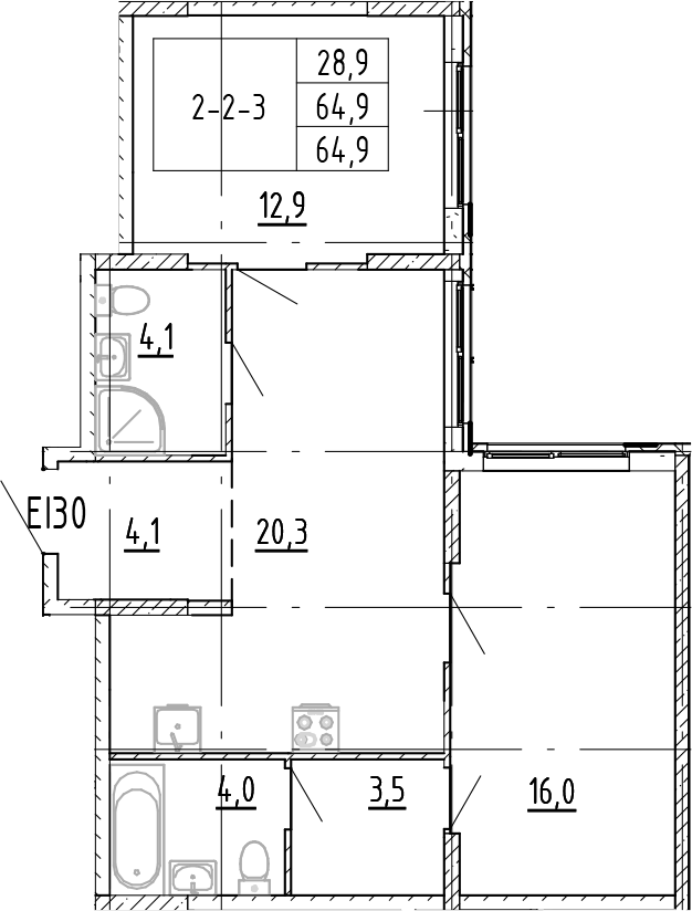 Планировка: 3Е-к.кв · 64,9 м²
