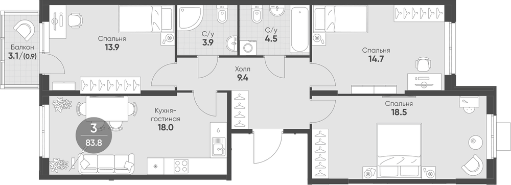 Планировка: 4Е-к.кв · 83,8 м²