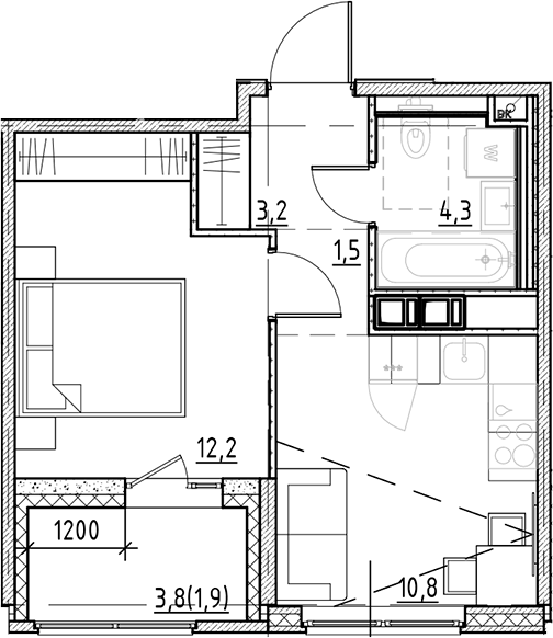 Планировка: 1 комната · 33,9 м²