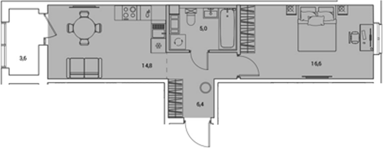 Планировка: 1 комната · 44,6 м²