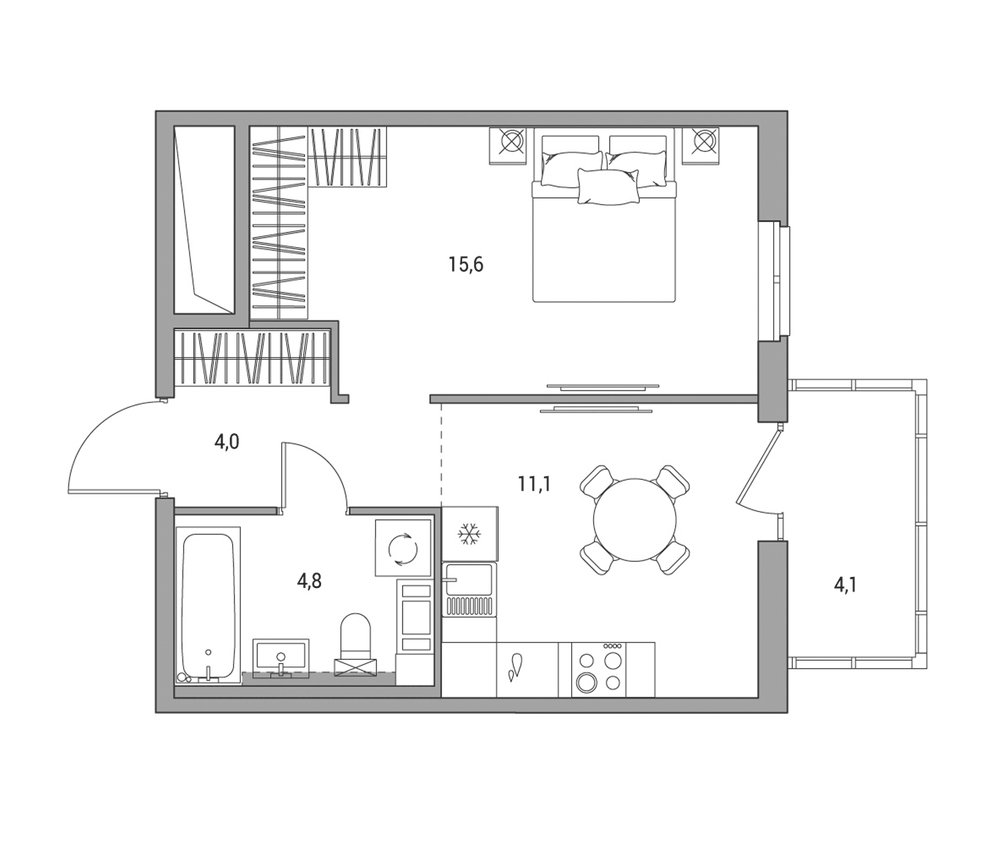 Планировка: 2Е-к.кв · 36,7 м²