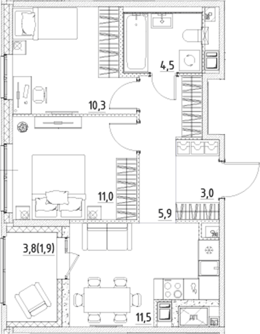 Планировка: 2 комнаты · 48,1 м²
