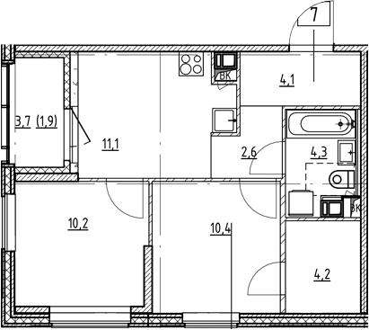 Планировка: 2 комнаты · 48,8 м²