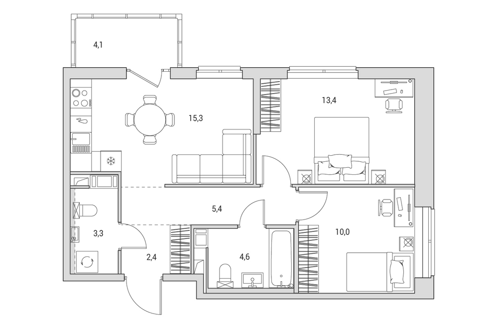 Планировка: 3Е-к.кв · 55,9 м²