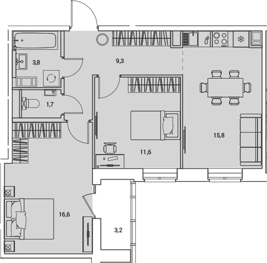 Планировка: 3Е-к.кв · 60,4 м²