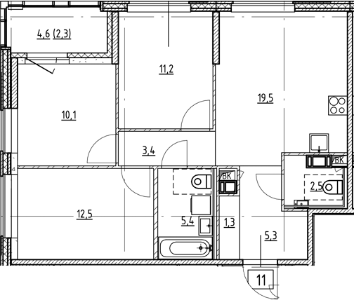 Планировка: 4Е-к.кв · 73,5 м²