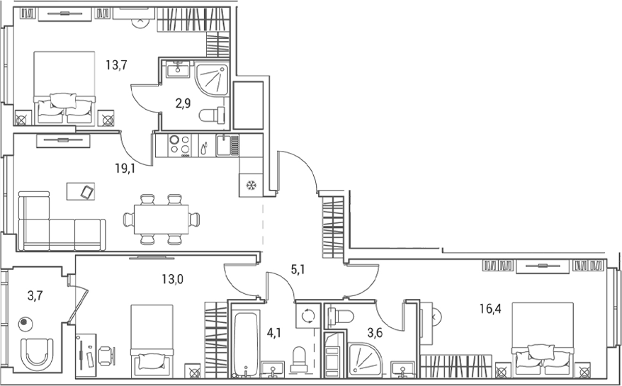 Планировка: 4Е-к.кв · 79,8 м²