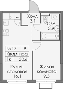 Планировка: 1 комната · 32,6 м²