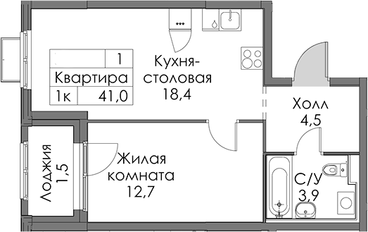 Планировка: 1 комната · 41 м²