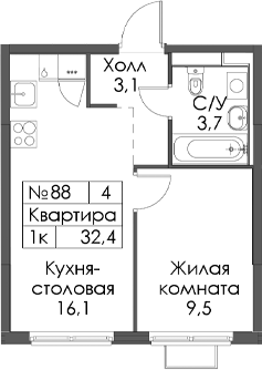 Планировка: 1 комната · 32,4 м²