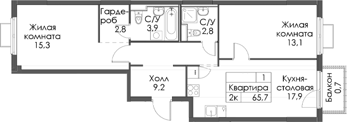 Планировка: 2 комнаты · 65,7 м²