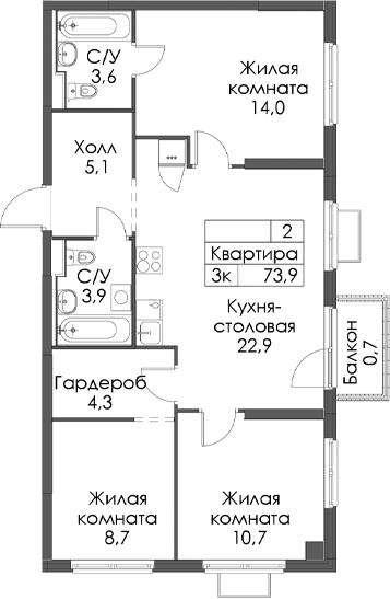 Планировка: 3 комнаты · 73,9 м²