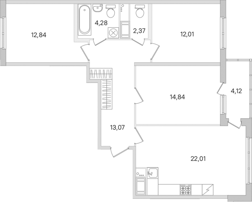Планировка: 4Е-к.кв · 83,48 м²