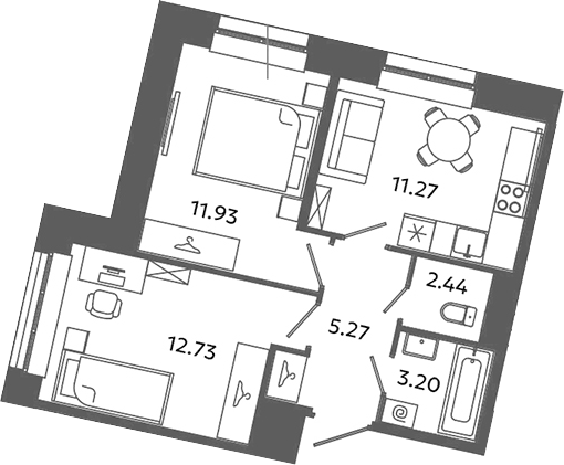 Планировка: 3Е-к.кв · 46,84 м²