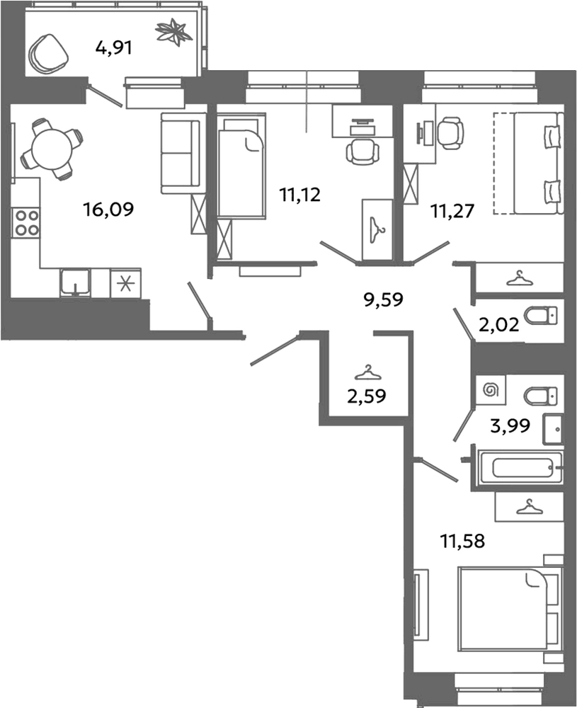 Планировка: 4Е-к.кв · 70,71 м²
