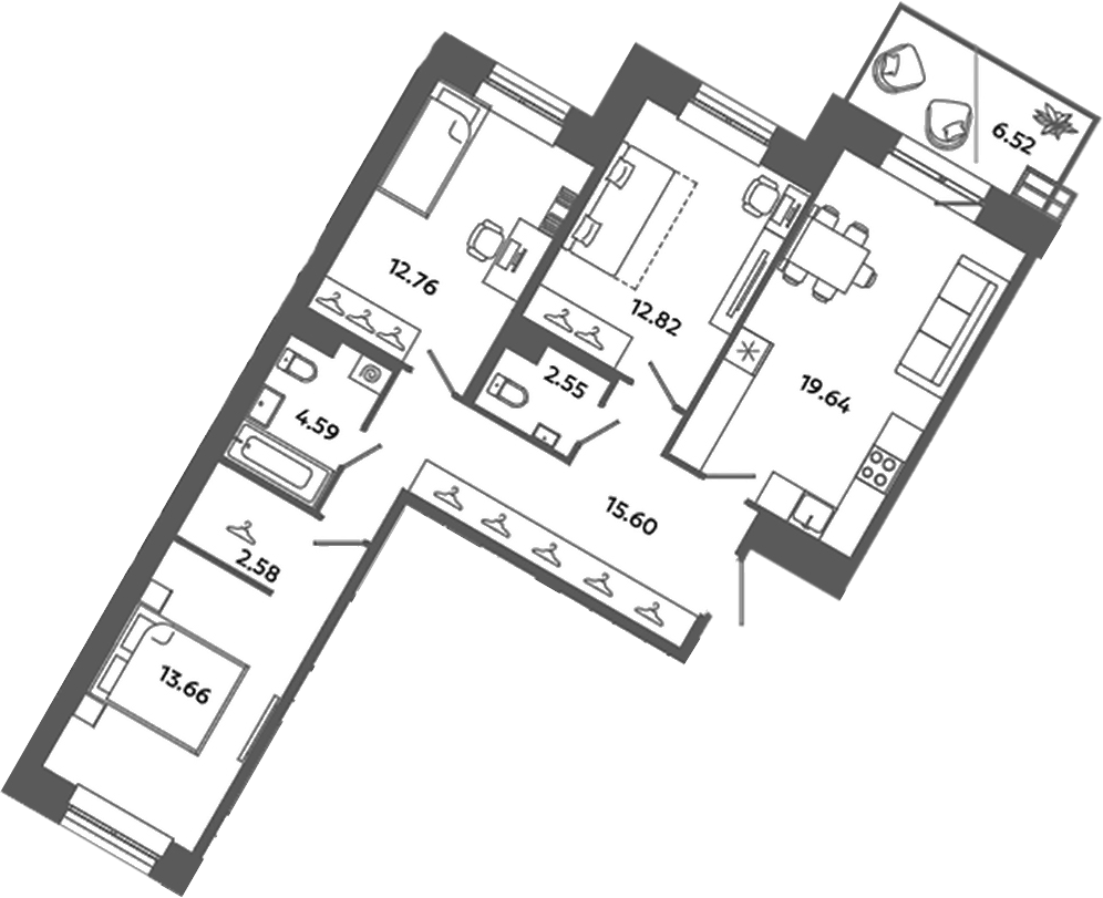 Планировка: 4Е-к.кв · 86,16 м²