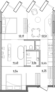 Планировка: 3Е-к.кв · 65,37 м²