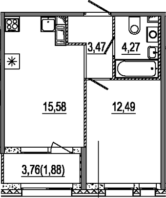 Планировка: 2Е-к.кв · 37,69 м²