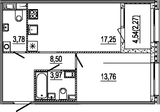Планировка: 2Е-к.кв · 49,53 м²