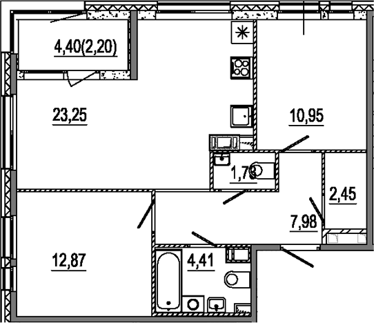 Планировка: 3Е-к.кв · 65,84 м²