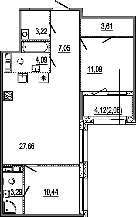 Планировка: 3Е-к.кв · 72,54 м²