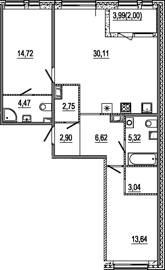 Планировка: 3Е-к.кв · 85,57 м²