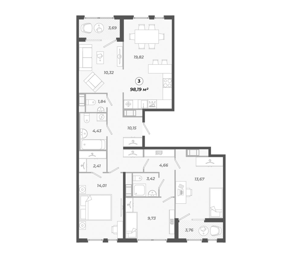 Планировка: 5Е-к.кв · 98,19 м²
