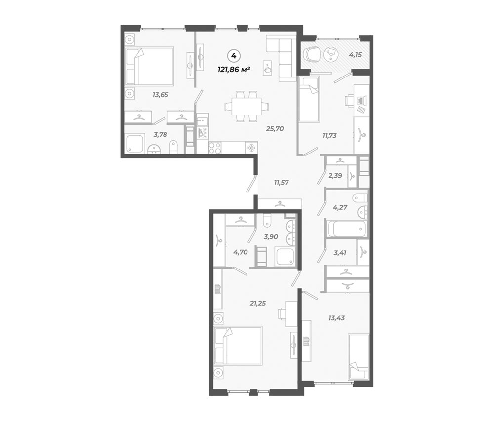 Планировка: 5Е-к.кв · 121,86 м²