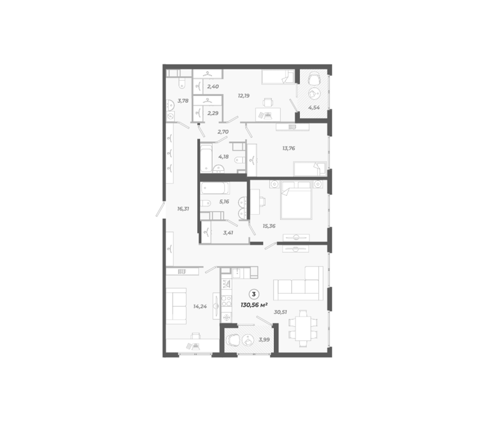 Планировка: 5Е-к.кв · 130,56 м²