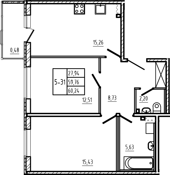Планировка: 3Е-к.кв · 60,24 м²