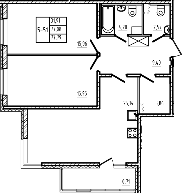 Планировка: 3Е-к.кв · 77,79 м²