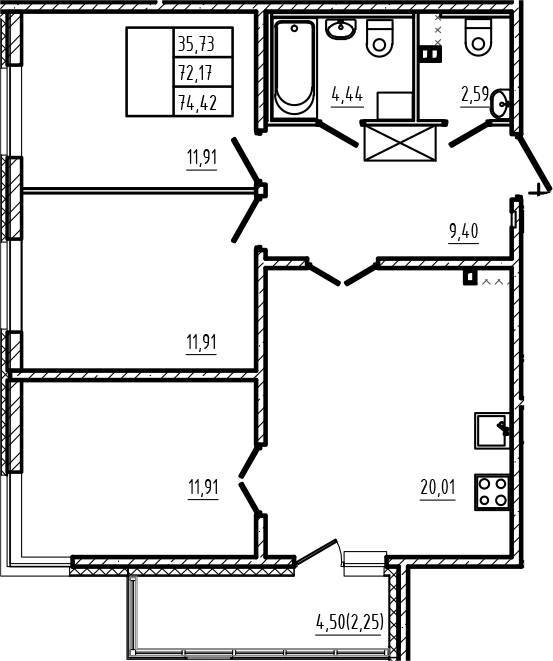 Планировка: 4Е-к.кв · 74,42 м²
